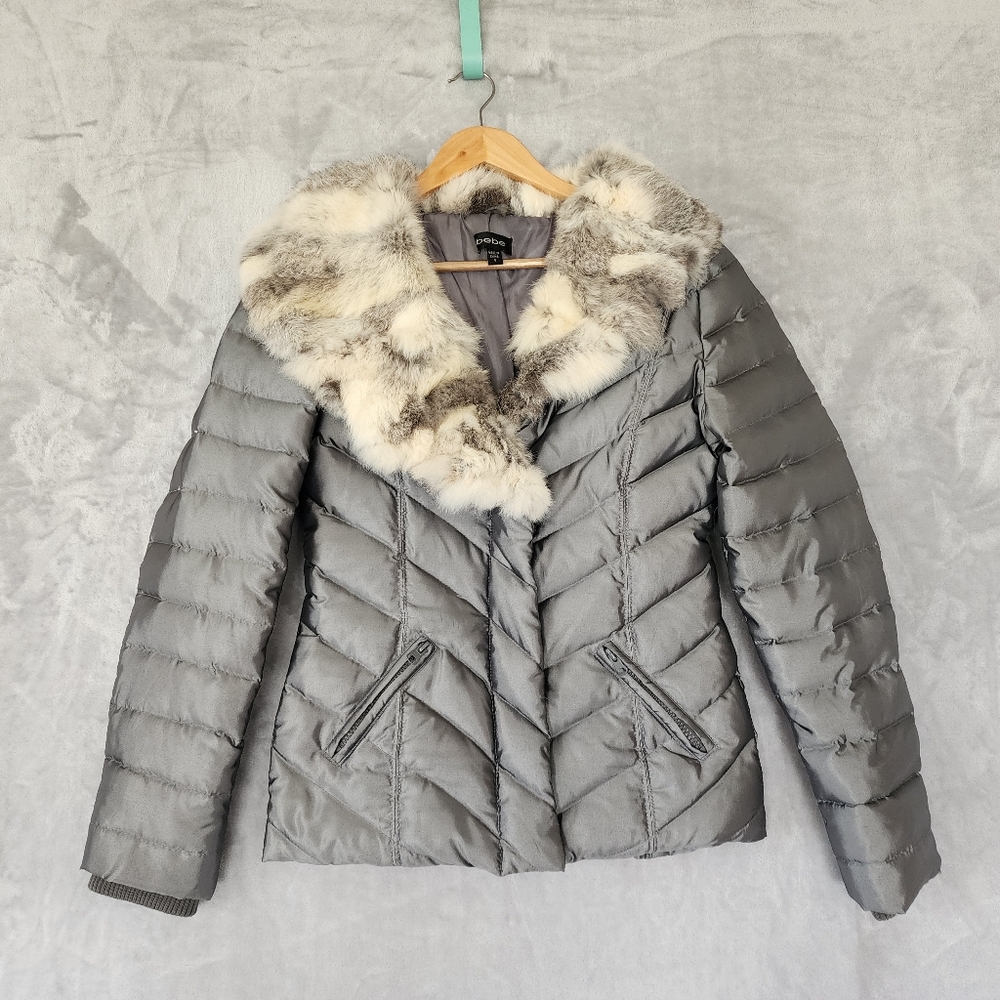 bebe Down Puffer Jacket Womens Small Rabbit Fur Collar Silver Gray Coat Y2K